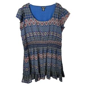 Feathers Plus Size 3X Dress Blue Geometric Smocked Waist Ruffle Hem Boho 1806